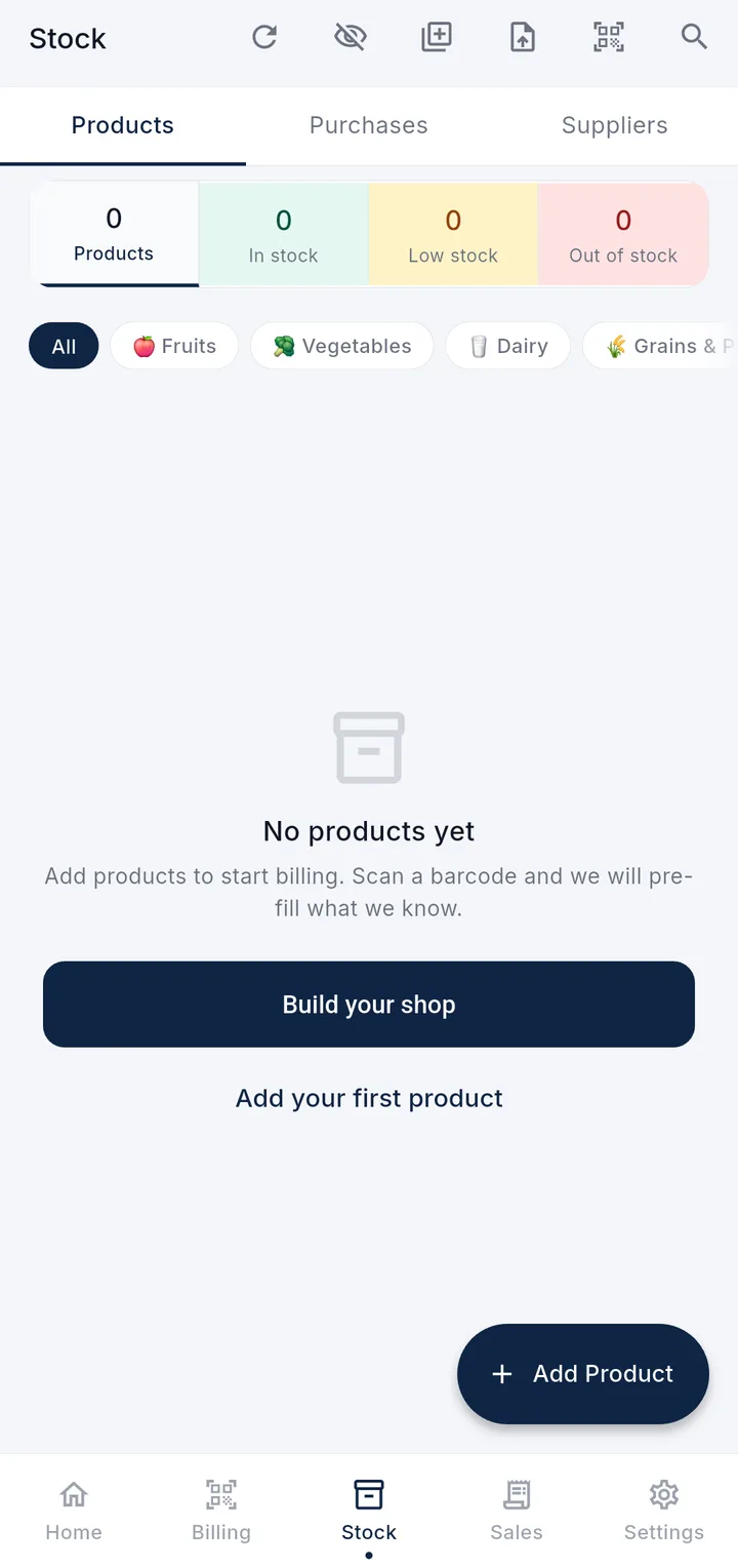 The DukanUp Stock screen of a new shop, with a Build your shop button above Add your first product