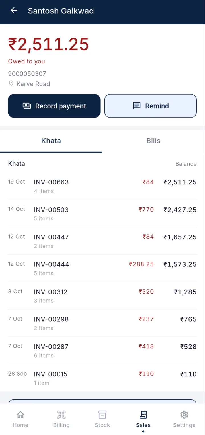 DukanUp में एक ग्राहक का खाता: ₹2,511.25 बाकी, Record payment और Remind बटन, और तारीख़ के साथ हर बिल और भुगतान
