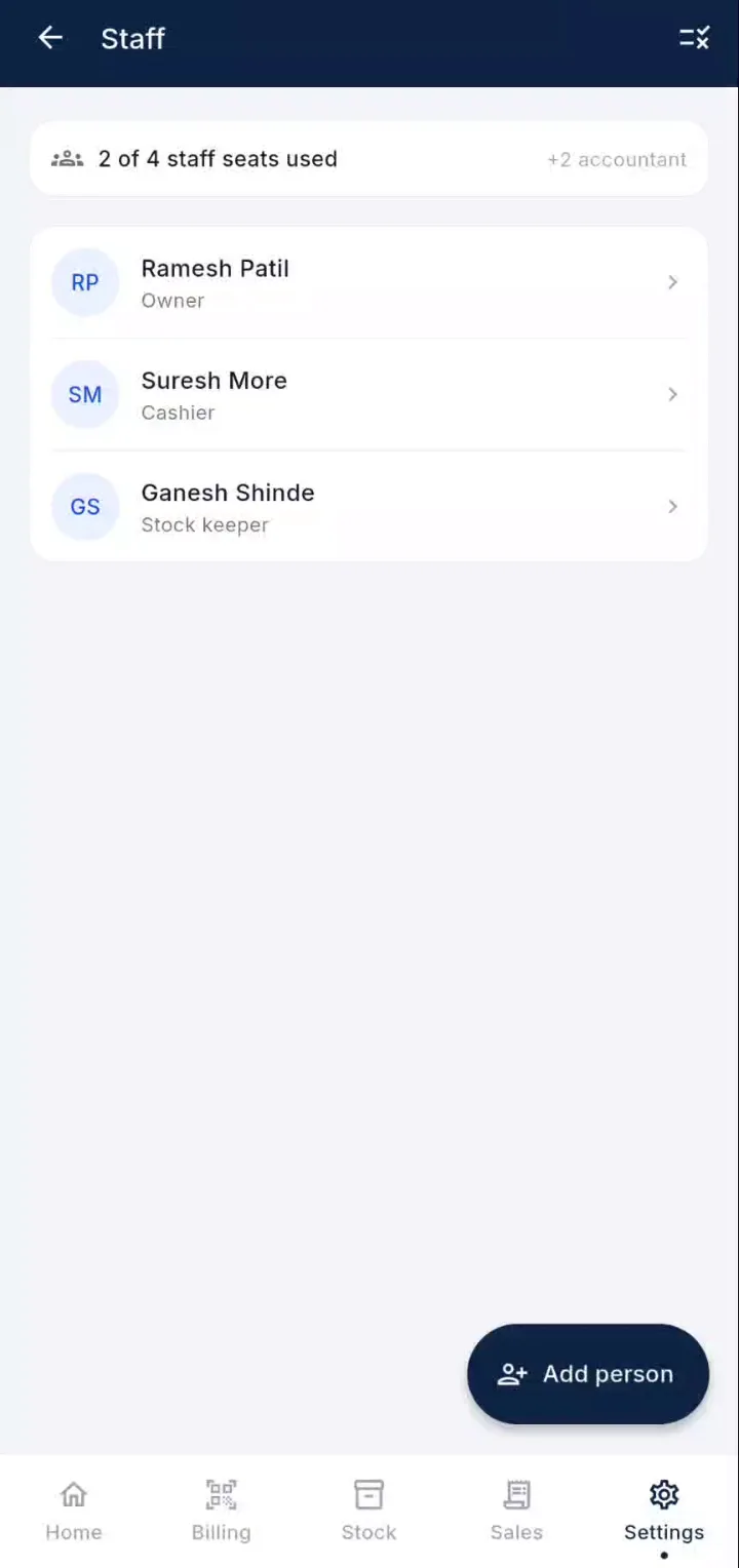 The DukanUp Staff screen: Ramesh Patil as owner, Suresh More as cashier and Ganesh Shinde as stock keeper